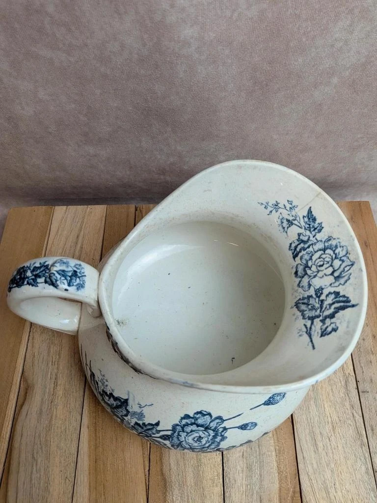 Kleine ronde oude aardenwaren karaf – Blauw bloemendecor – photo 2